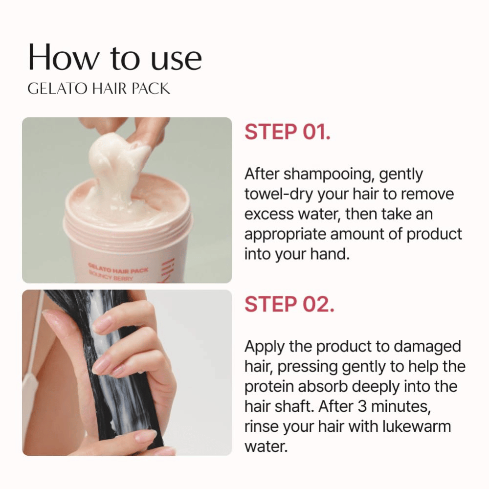 Πώς να χρησιμοποιήσετε το LILYEVE Gelato Hair Pack – εφαρμόστε τη μάσκα μαλλιών σε μαλλιά στεγνωμένα με πετσέτα, αφήστε τη να δράσει για 3 λεπτά και ξεβγάλτε.