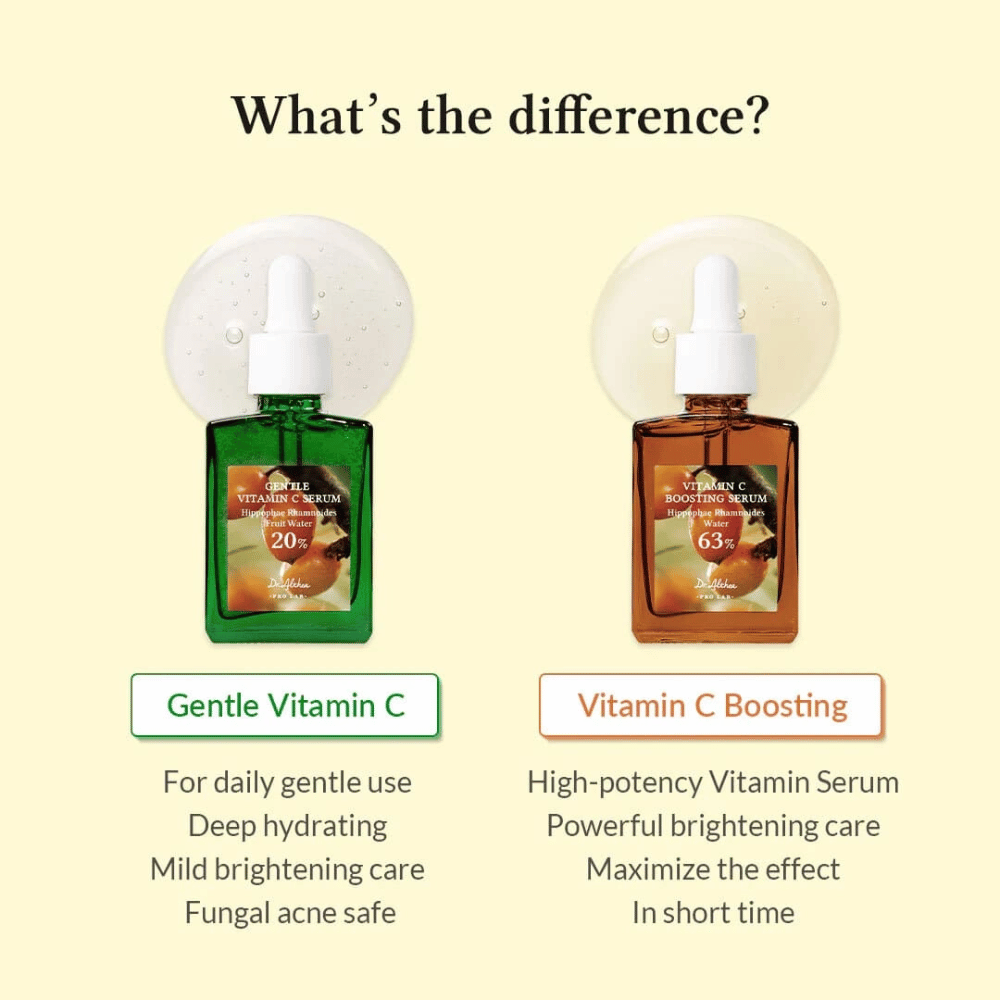 Gentle Vitamin C Serum είναι ιδανικό για καθημερινή χρήση, ενυδατώνει βαθιά και προσφέρει ήπια φωτεινότητα στο δέρμα. Ασφαλές για δέρμα με ακμή από μύκητες. Vitamin C Boosting Serum έχει υψηλή συγκέντρωση για ισχυρή φωτεινότητα και γρήγορα αποτελέσματα. Ιδανικό για εντατικές ανάγκες δέρματος.