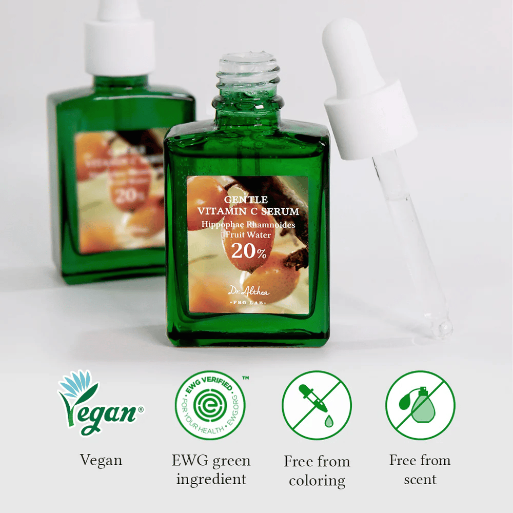 Dr.Althea Gentle Vitamin C Serum είναι βίγκαν και επαληθευμένο από EWG για ασφαλή και φιλικά προς το περιβάλλον συστατικά. Χωρίς χρωστικές και άρωμα, καθιστώντας το ιδανικό για ευαίσθητο δέρμα. Περιέχει 20% νερό ιπποφαούς για να ενυδατώνει, φωτίζει και προστατεύει το δέρμα.
