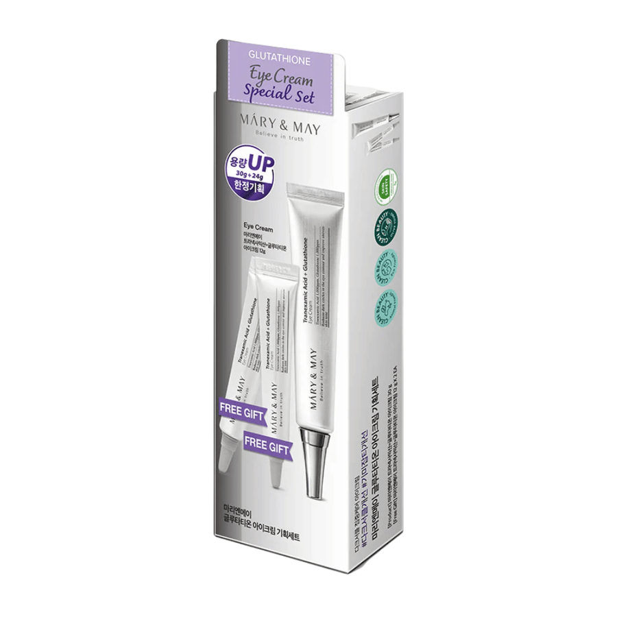 Mary&May Glutathione Eye Cream Special Set με προϊόντα μπόνους, ένα δημοφιλές σετ K-beauty για εντατική λεύκανση και φροντίδα της επιδερμίδας γύρω από τα μάτια.