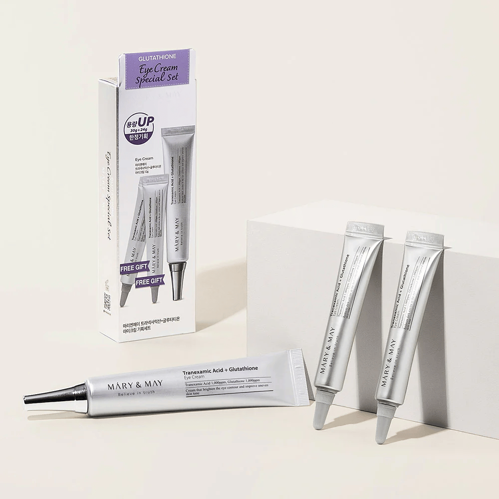 Mary&May Tranexamic Acid + Glutathione Eye Cream Ειδικό Σετ με αυθεντική συσκευασία και επιπλέον σωλήνες, ένα πλήρες σετ για λαμπερή και εξομαλυντική φροντίδα των ματιών.