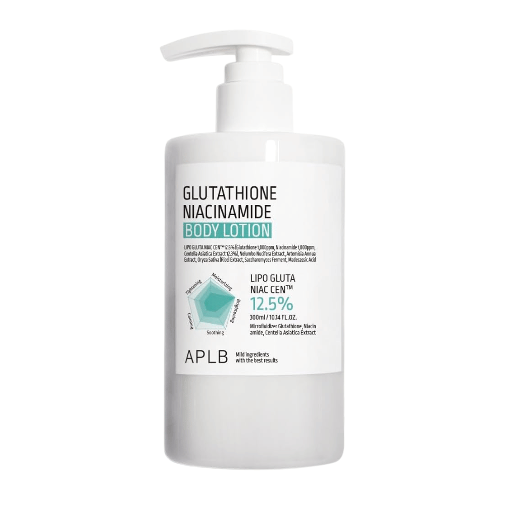 APLB Glutathione Niacinamide Body Lotion εικόνα προϊόντος με φιάλη αντλίας και προηγμένη φόρμουλα για ενυδάτωση, λάμψη και βελτιωμένη ελαστικότητα του δέρματος
