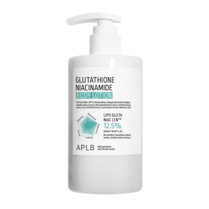 APLB Glutathione Niacinamide Body Lotion εικόνα προϊόντος με φιάλη αντλίας και προηγμένη φόρμουλα για ενυδάτωση, λάμψη και βελτιωμένη ελαστικότητα του δέρματος