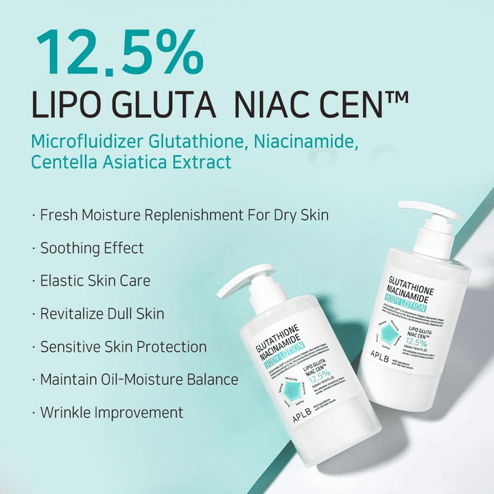 APLB Glutathione Niacinamide Body Lotion 12,5% Lipo Gluta Niac Cent με ενυδάτωση, ισορροπία του δέρματος, αντιγηραντική δράση και προστασία για ευαίσθητο δέρμα