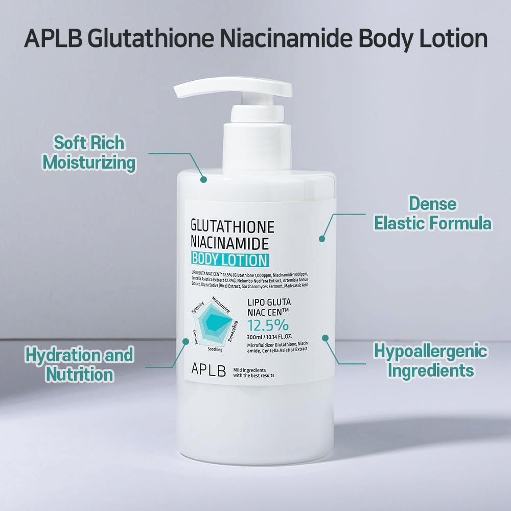 APLB Glutathione Niacinamide Body Lotion φιάλη αντλίας με ενυδατική, ελαστική φόρμουλα και υποαλλεργικά συστατικά για απαλή και θρεπτική περιποίηση της επιδερμίδας