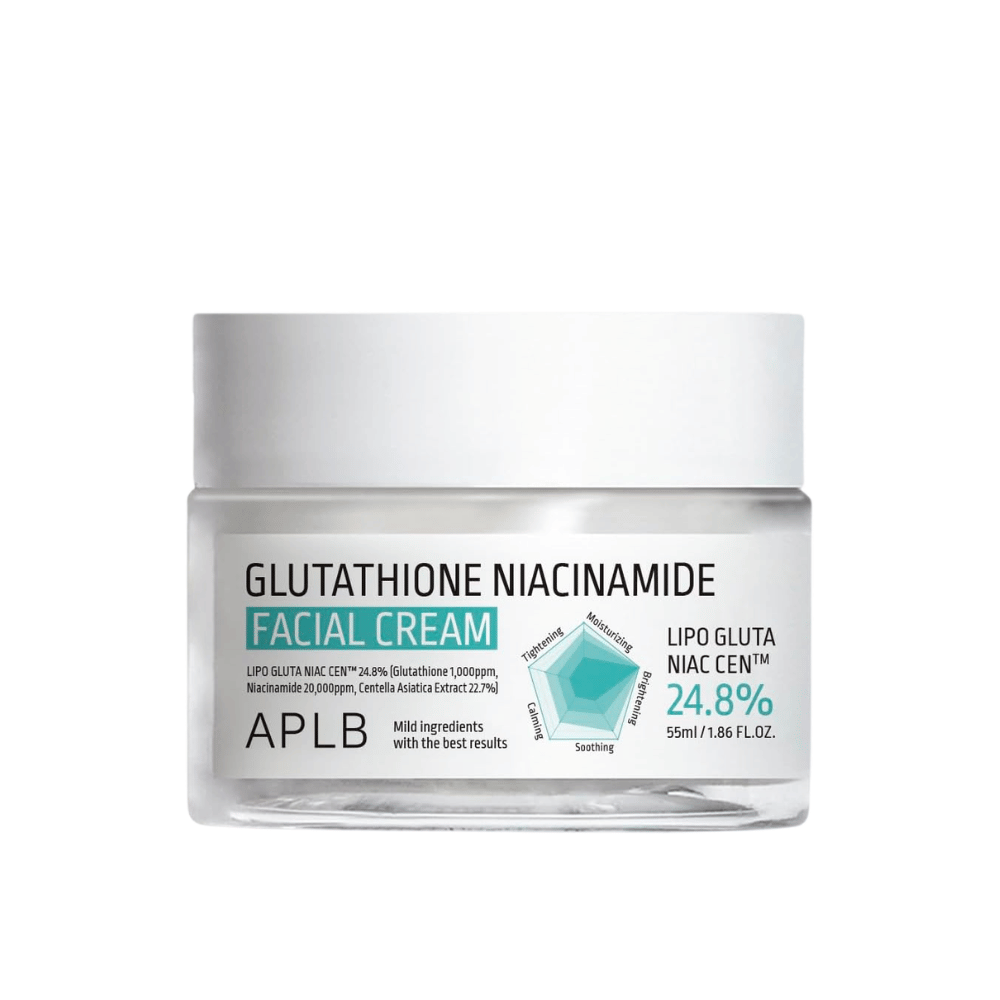APLB Glutathione Niacinamide Facial Cream σε βαζάκι με ελαφριά σύνθεση που ενυδατώνει, εξομαλύνει τον τόνο της επιδερμίδας και χαρίζει περισσότερη λάμψη