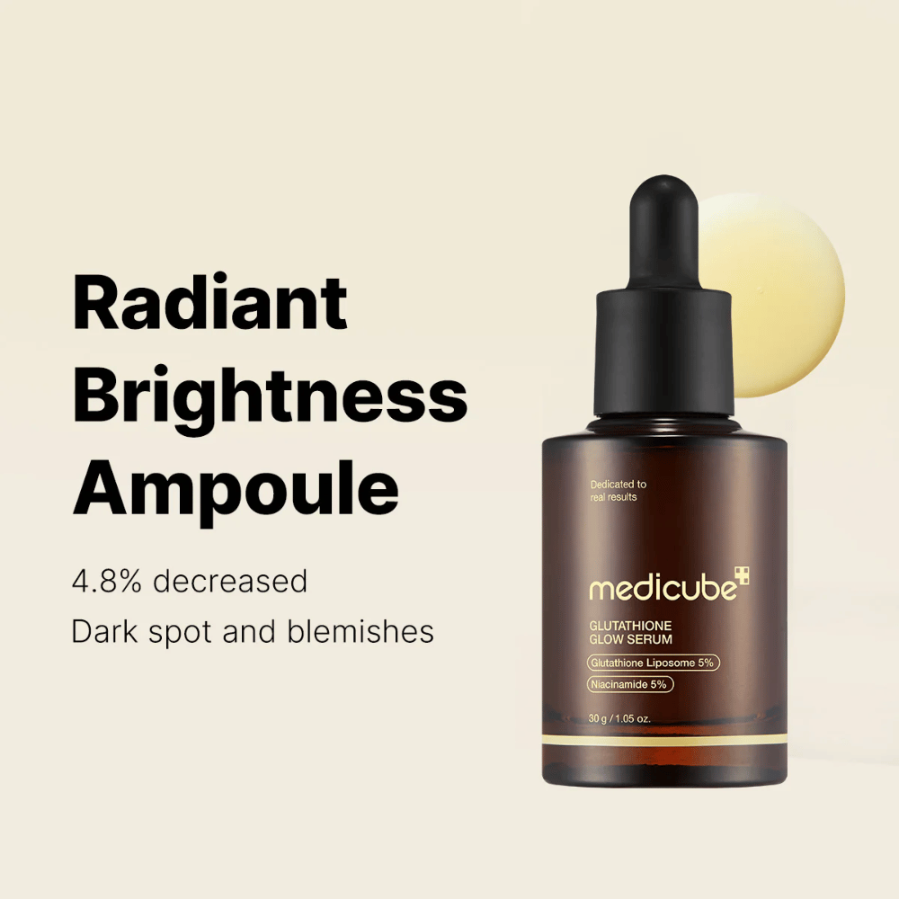 Medicube Radiant Brightness Ampoule – Glutathione Glow Serum με 5% γλουταθειόνη-λιπόσωμα και 5% νιασιναμίδη. Μειώνει τις σκούρες κηλίδες και την ανισότητα του τόνου του δέρματος για μια λαμπερή λάμψη.