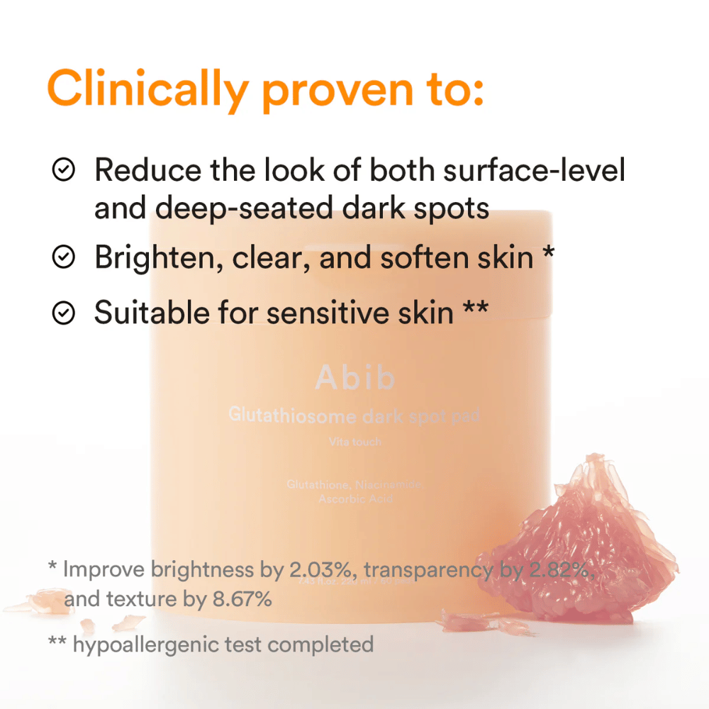 Abib Glutathiosome Dark Spot Pad Vita Touch με κλινικά δοκιμασμένα οφέλη για λάμψη και δυσχρωμίες.