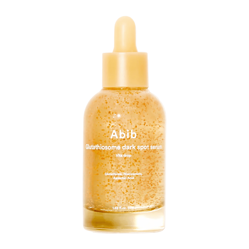 Εικόνα προϊόντος του Abib Glutathiosome Dark Spot Serum Vita Drop σε ένα διαφανές γυάλινο μπουκάλι με κίτρινη πιπέτα και ορατές μικροκάψουλες στον ορό.