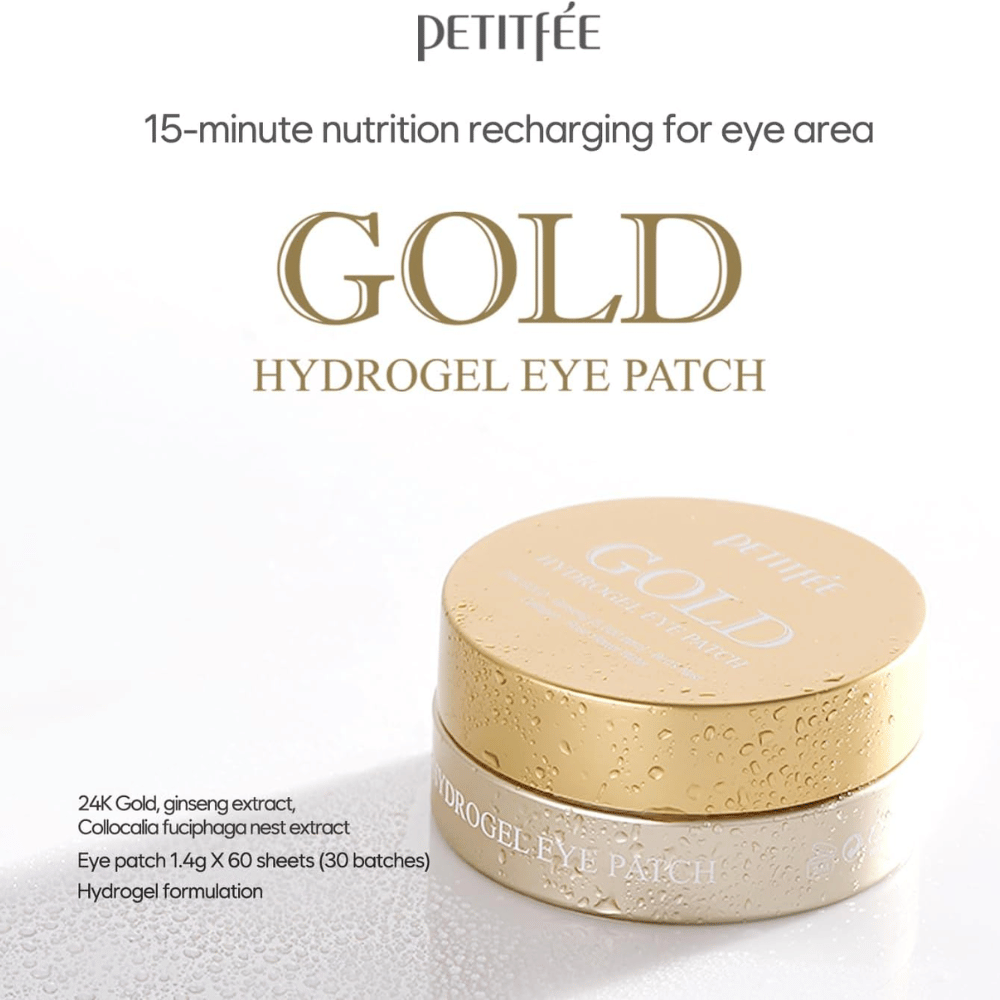 Κομψή εικόνα προϊόντος του PETITFEE Gold Hydrogel Eye Patch με χρυσόχρωμη συσκευασία σε ανοιχτόχρωμο φόντο. Το κείμενο αναδεικνύει συστατικά όπως χρυσό 24Κ, ginseng και σύνθεση hydrogel για ενυδάτωση και λάμψη.