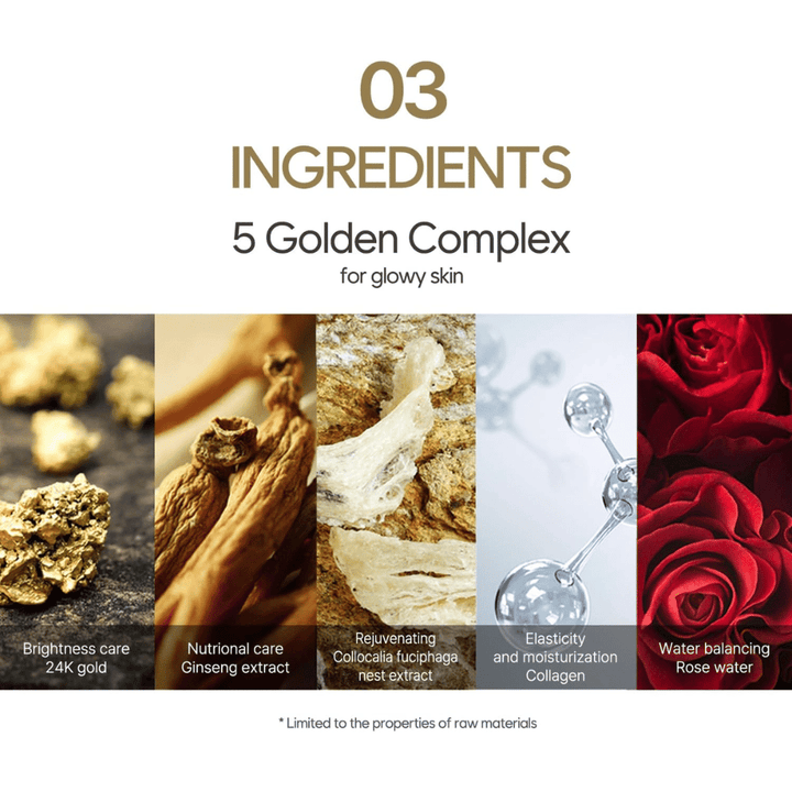 Ενημερωτική εικόνα για το “5 Golden Complex” με συστατικά όπως χρυσό 24Κ, εκχύλισμα ginseng, εκχύλισμα φωλιάς πουλιού, κολλαγόνο και ροδόνερο. Η έμφαση δίνεται στη λάμψη, την ελαστικότητα και την ενυδάτωση.