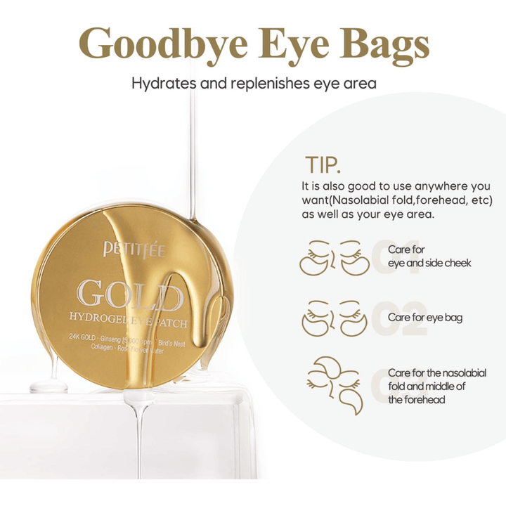 Εικόνα προϊόντος του PETITFEE Gold Hydrogel Eye Patch με έμφαση στην ενυδάτωση και τη φροντίδα της περιοχής κάτω από τα μάτια. Η εικόνα δείχνει επίσης διάφορες περιοχές χρήσης όπως σακούλες κάτω από τα μάτια, περιοχή μάγουλων και ρινοχειλικές γραμμές.