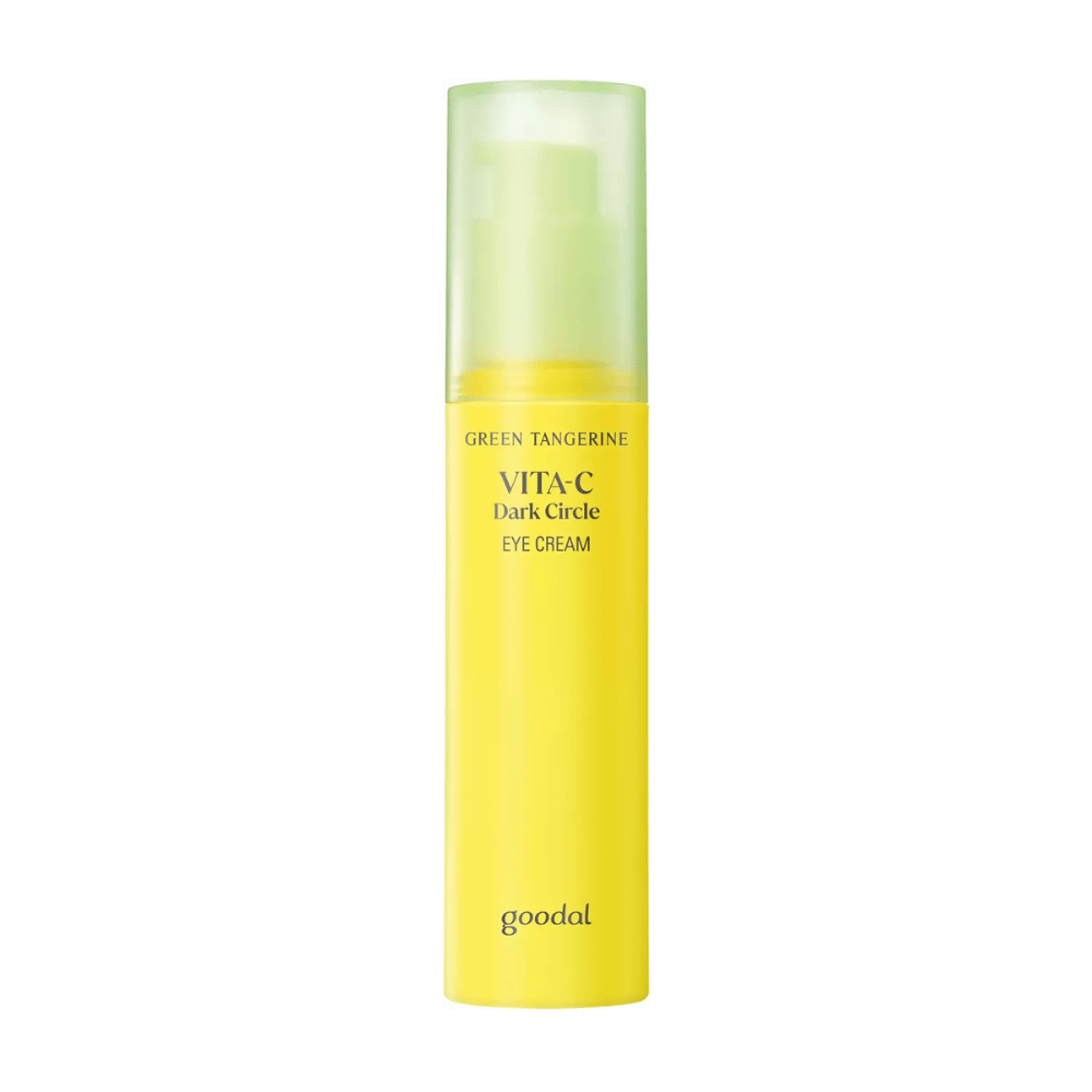 Ένα μπουκάλι Goodal Green Tangerine Vita C Dark Circle Eye Cream 30ml σε λευκό φόντο με βιταμίνη C.