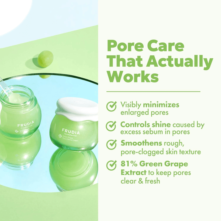 FRUDIA Green Grape Pore Control Cream που μειώνει ορατά τους πόρους, ελέγχει τη γυαλάδα και εξομαλύνει την υφή του δέρματος με 81% εκχύλισμα πράσινου σταφυλιού.
