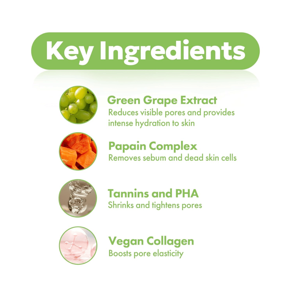 Κύρια συστατικά στο FRUDIA Green Grape Pore Control Cream με εκχύλισμα πράσινου σταφυλιού, παπαΐνη, PHA, τανίνες και βίγκαν κολλαγόνο για πιο καθαρό και λείο δέρμα.