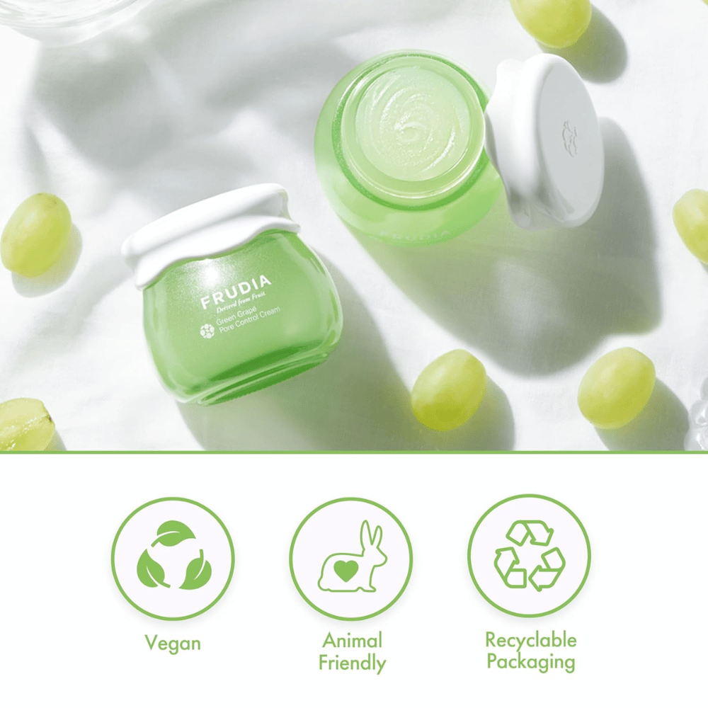 FRUDIA Green Grape Pore Control Cream με εκχύλισμα πράσινου σταφυλιού, βίγκαν κρέμα προσώπου που μειώνει τους πόρους, εξισορροπεί το σμήγμα και προσφέρει ανακυκλώσιμη συσκευασία.