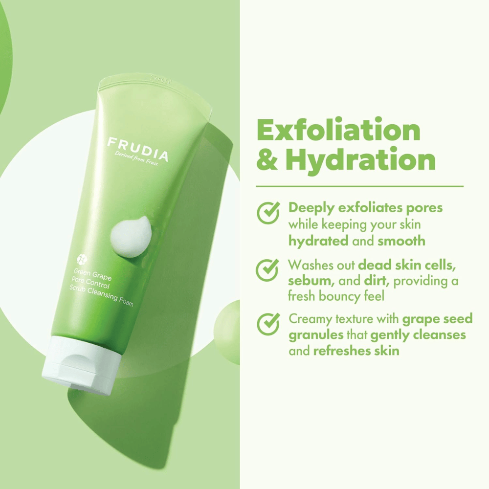FRUDIA Green Grape Pore Control Scrub Cleansing Foam – απολεπιστικό καθαριστικό προσώπου με κόκκους σπόρων σταφυλιού που αφαιρούν βρωμιά, σμήγμα και νεκρά κύτταρα του δέρματος χωρίς να ξηραίνουν το δέρμα.