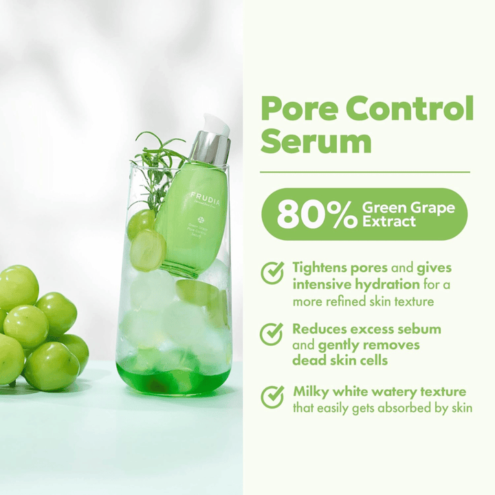 Frudia Green Grape Pore Control Serum που σφίγγει τους πόρους, μειώνει την υπερβολική σμήγμα και απορροφάται γρήγορα με ελαφριά, γαλακτώδη υφή για φρέσκο και ισορροπημένο δέρμα.