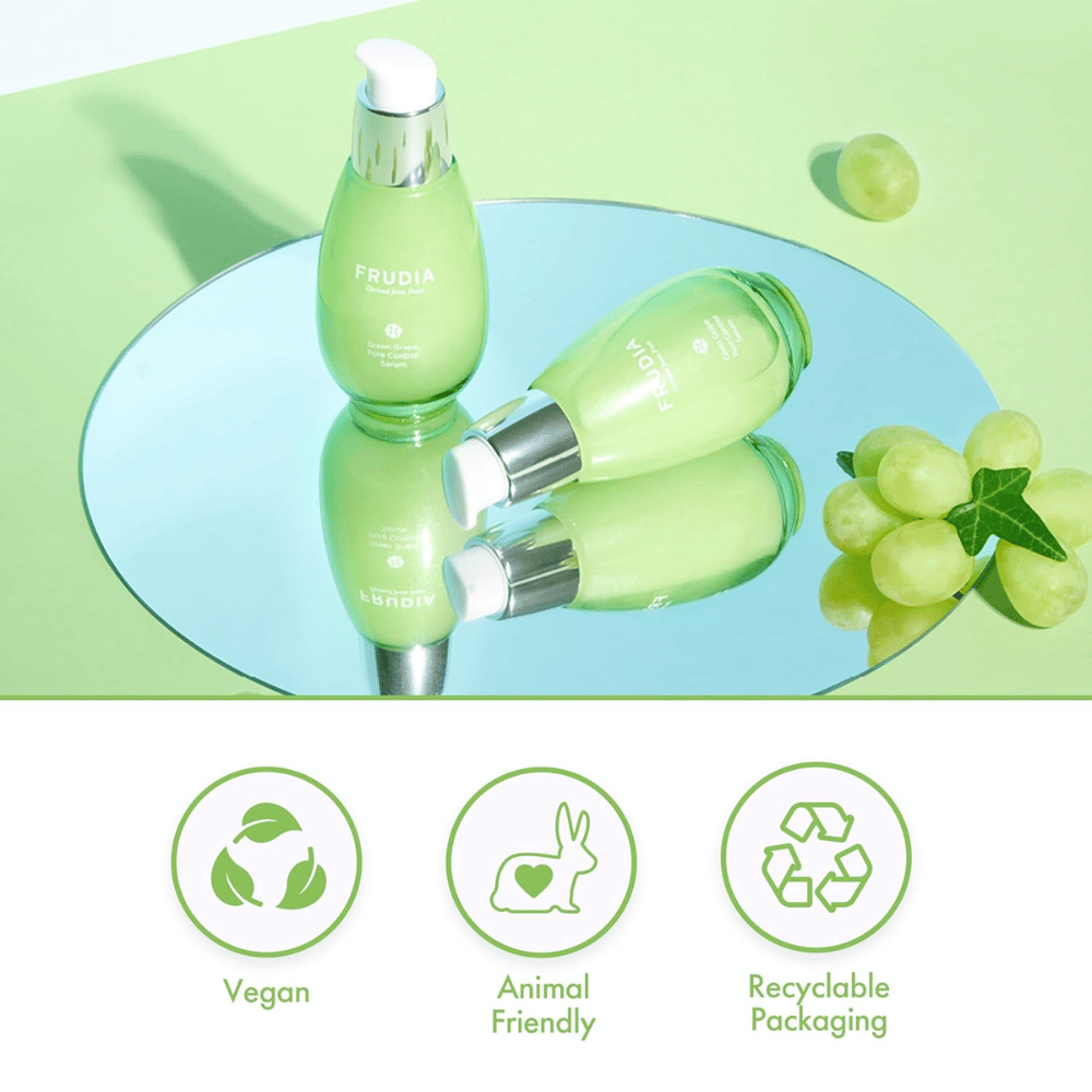 Frudia Green Grape Pore Control Serum με πράσινα σταφύλια, βίγκαν φόρμουλα, cruelty-free και ανακυκλώσιμη συσκευασία – κορεατική περιποίηση δέρματος για μείωση πόρων και ισορροπημένο δέρμα.