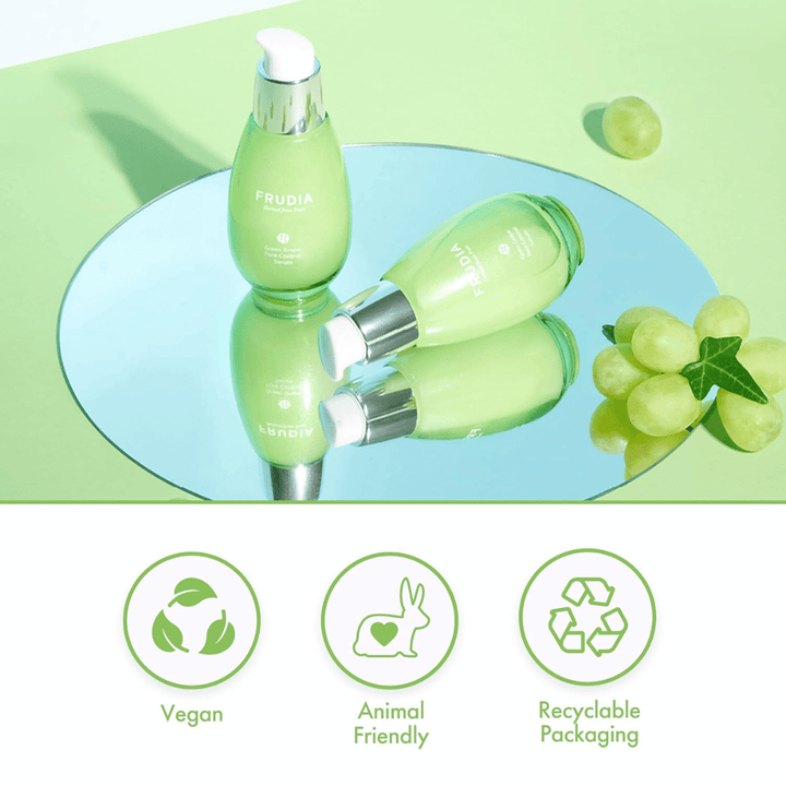 Frudia Green Grape Pore Control Serum με πράσινα σταφύλια, βίγκαν φόρμουλα, cruelty-free και ανακυκλώσιμη συσκευασία – κορεατική περιποίηση δέρματος για μείωση πόρων και ισορροπημένο δέρμα.