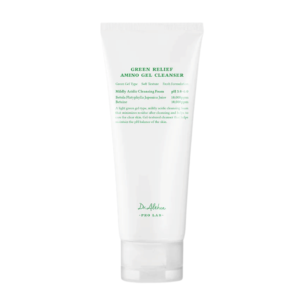 Το προϊόν δείχνει Dr. Althea Green Relief Amino Gel Cleanser – ένα ήπιο, βίγκαν καθαριστικό τζελ με ελαφριά πράσινη φόρμουλα και pH 5.0–6.0 για ευαίσθητο δέρμα.