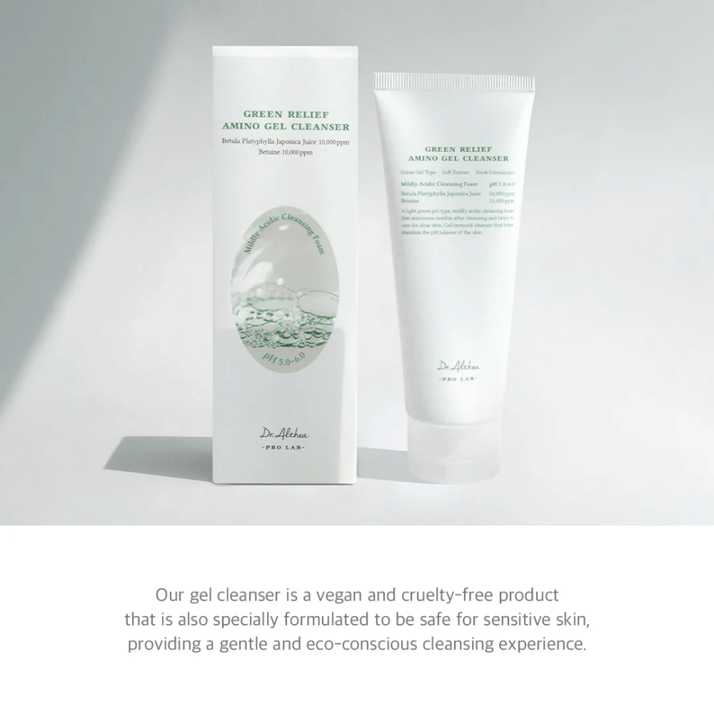 Dr. Althea Green Relief Amino Gel Cleanser είναι ένα βίγκαν, cruelty-free καθαριστικό με ήπια υφή τζελ. Ειδικά σχεδιασμένο για ευαίσθητο δέρμα και περιβαλλοντικά συνειδητή χρήση.