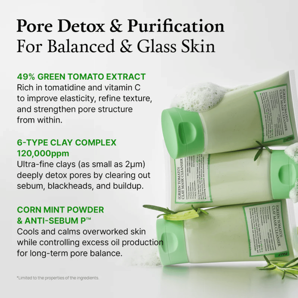 Ενημερωτική εικόνα για το “Pore Detox & Purification” με συστατικά όπως εκχύλισμα πράσινης ντομάτας, άργιλος και μέντα – μαζί με εικόνες του προϊόντος.