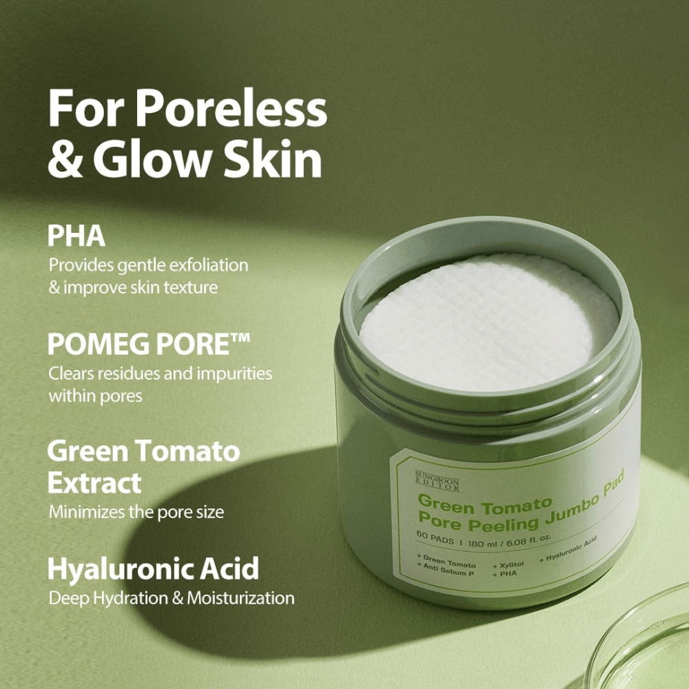 SUNGBOON EDITOR Green Tomato Pore Peeling Jumbo Pad – απολεπιστικά pads με PHA, εκχύλισμα πράσινης ντομάτας και υαλουρονικό οξύ