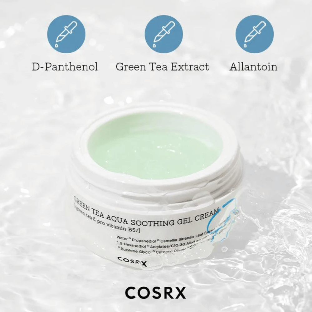 COSRX Green Tea Aqua Soothing Gel Cream – ανοιχτό βάζο με πράσινη κρέμα γέλης. Βασικά συστατικά: D-Πανθενόλη, εκχύλισμα πράσινου τσαγιού και Αλλαντοΐνη για ενυδάτωση και καταπραϋντική δράση.