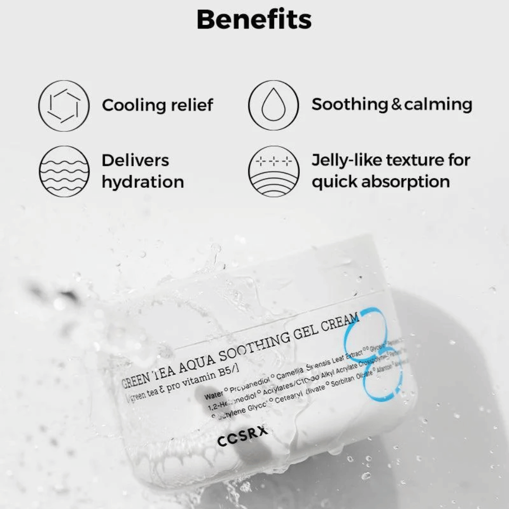 COSRX Green Tea Aqua Soothing Gel Cream – οφέλη: δροσιστική δράση, καταπραϋντική και περιποιητική, εντατική ενυδάτωση και υφή που μοιάζει με γέλη για γρήγορη απορρόφηση.