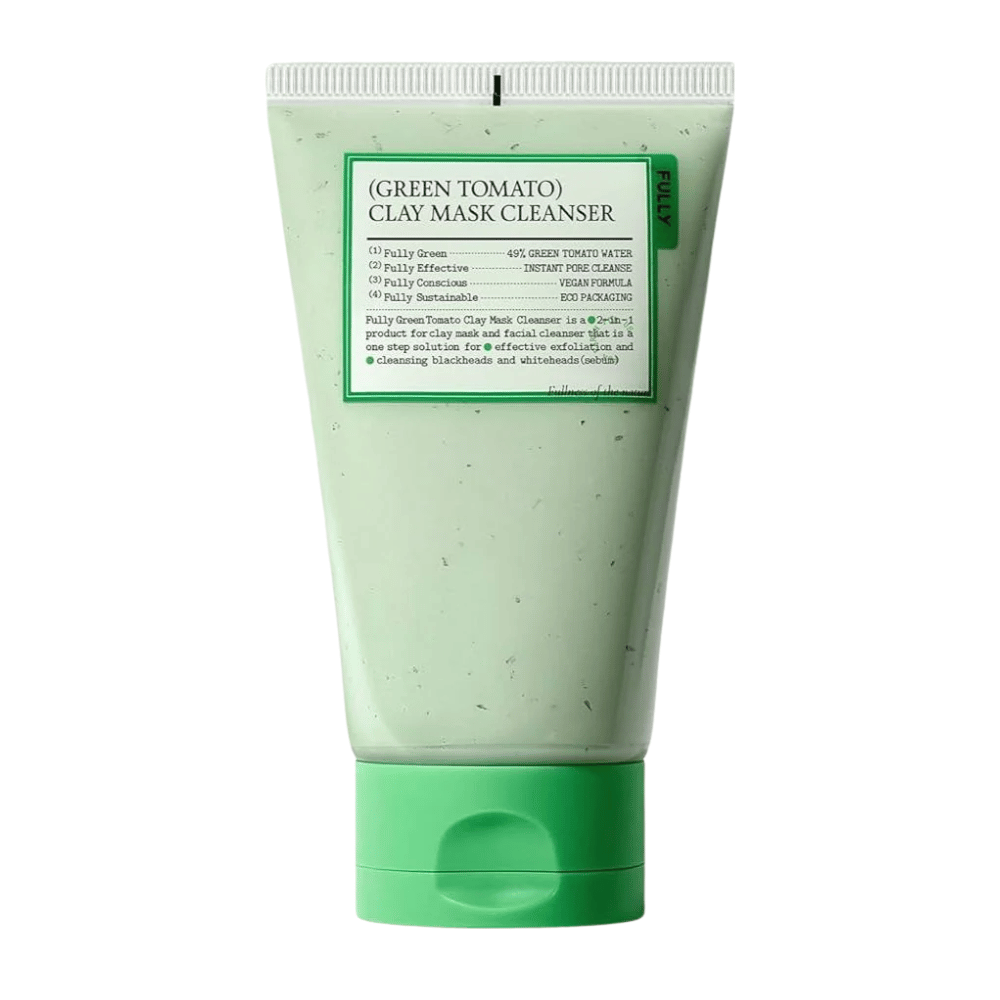 Μια εικόνα προϊόντος του Green Tomato Clay Mask Cleanser σε πράσινο σωληνάριο με λευκό φόντο. Η έμφαση είναι στη συσκευασία και το σχέδιο.