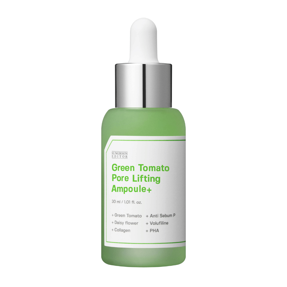 Απομονωμένη εικόνα προϊόντος του Green Tomato Pore Lifting Ampoule+ σε πράσινο γυάλινο μπουκάλι με πιπέτα.