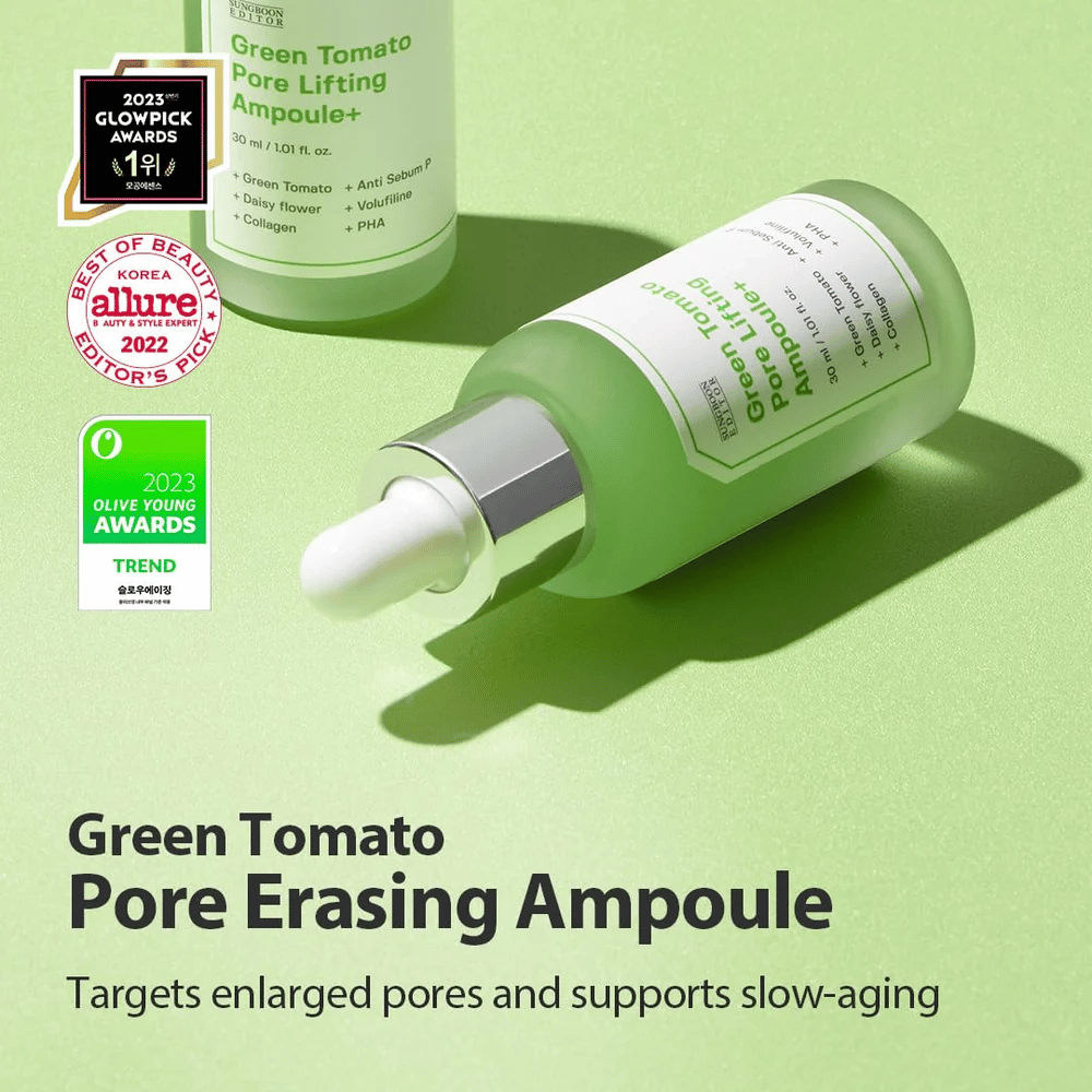 Green Tomato Pore Lifting Ampoule+ εικόνα προϊόντος με βραβεία από Glowpick, Allure και Olive Young Awards 2023.
