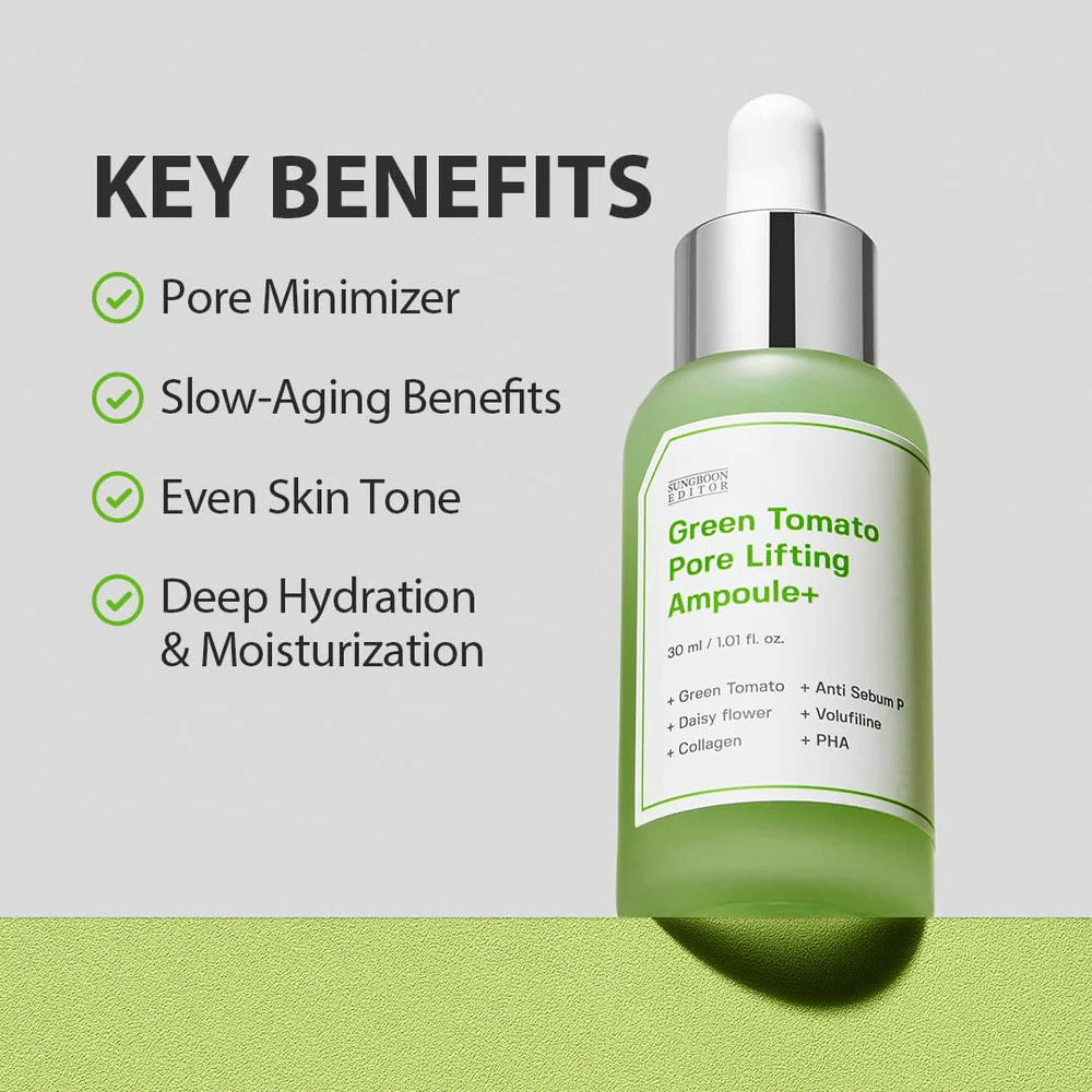 Green Tomato Pore Lifting Ampoule+ με μπουκάλι πιπέτας σε πράσινο φόντο, παρατίθενται τα βασικά οφέλη όπως μείωση πόρων, αντιγήρανση, ομοιόμορφος τόνος δέρματος και ενυδάτωση.