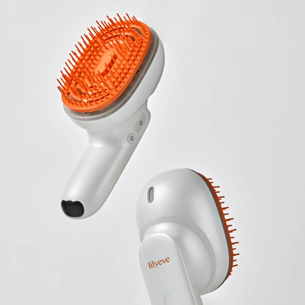 LILYEVE GrowTurn Brush Steam Booster – μπροστινή και πίσω πλευρά με εργονομική λαβή και πορτοκαλί τρίχες