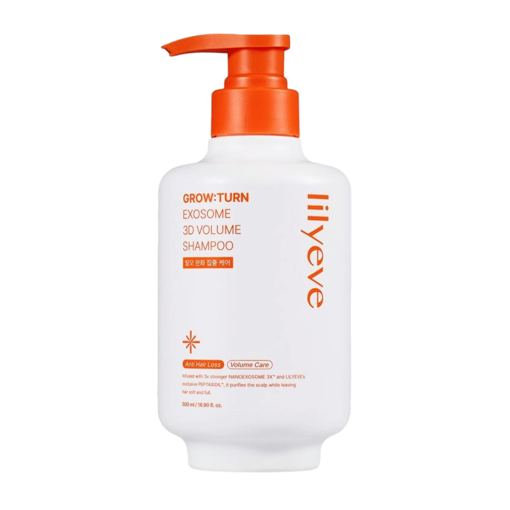 LILYEVE Grow:Turn Exosome 3D Volume Shampoo i vit pumpflaska med orange detaljer för hårbottenskötsel