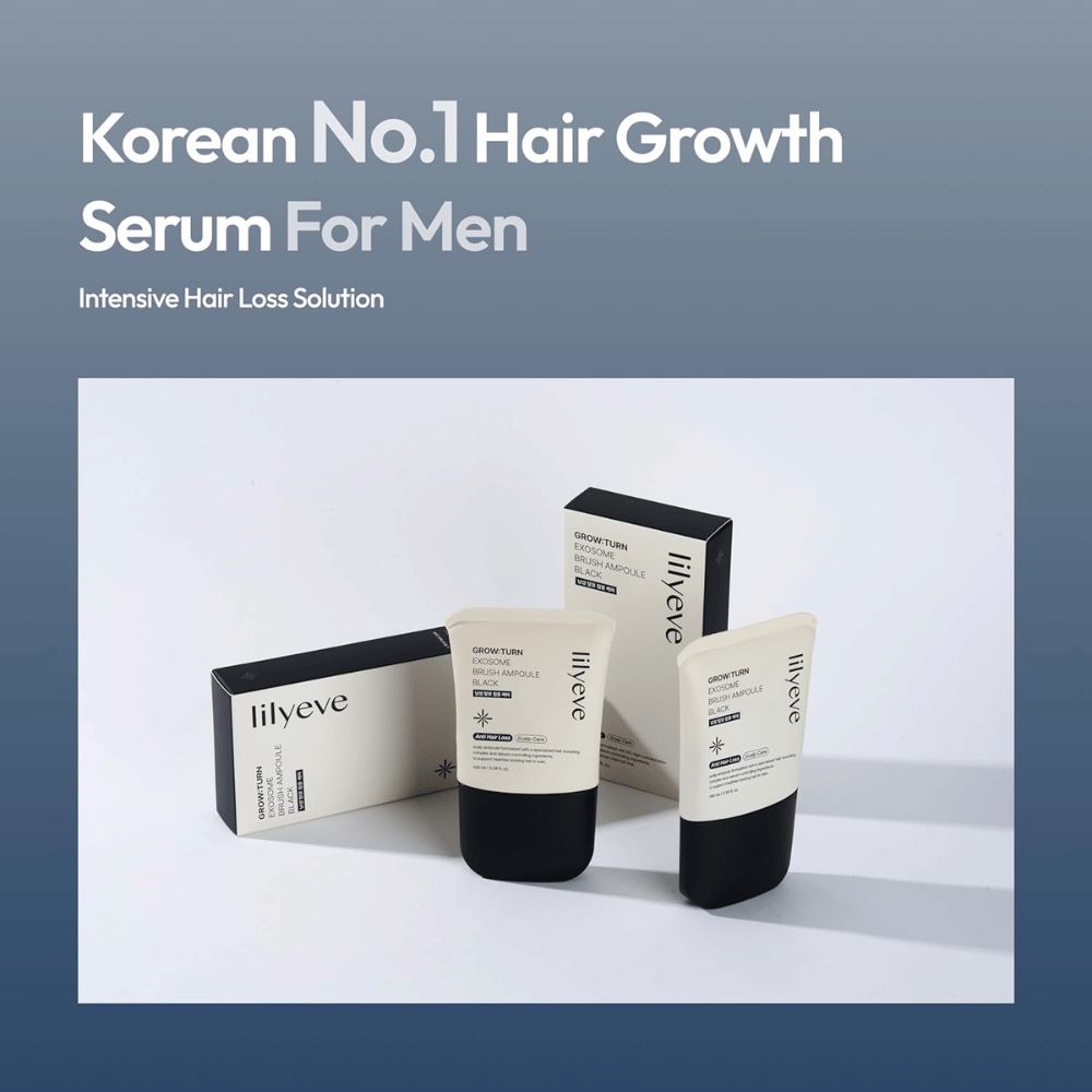 Εικόνα προϊόντος και συσκευασίας του LILYEVE Grow:Turn Exosome Brush Ampoule Prime. Η εικόνα αναδεικνύει το serum ως προϊόν περιποίησης μαλλιών που έχει αναπτυχθεί για άνδρες με έμφαση στη φροντίδα του τριχωτού της κεφαλής και στις ανάγκες που σχετίζονται με την τριχόπτωση.