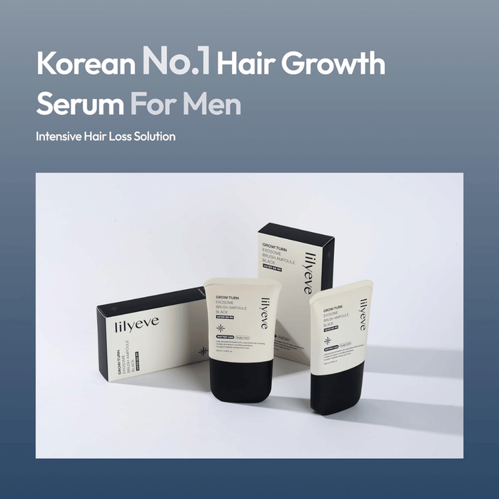 Εικόνα προϊόντος και συσκευασίας του LILYEVE Grow:Turn Exosome Brush Ampoule Prime. Η εικόνα αναδεικνύει το serum ως προϊόν περιποίησης μαλλιών που έχει αναπτυχθεί για άνδρες με έμφαση στη φροντίδα του τριχωτού της κεφαλής και στις ανάγκες που σχετίζονται με την τριχόπτωση.