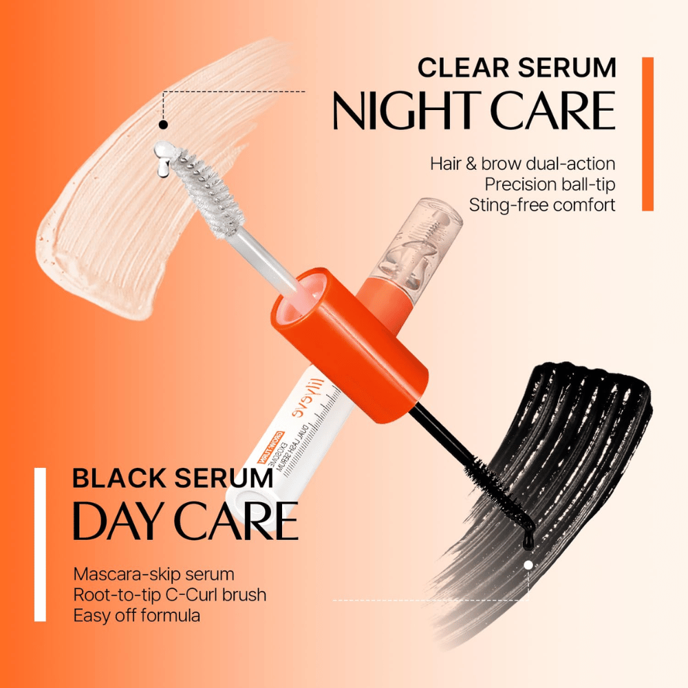 LILYEVE Grow Turn Exosome Dual Lash Serum με διάφανο νυχτερινό ορό και μαύρο ορό ημέρας σε συσκευασία διπλής όψης.