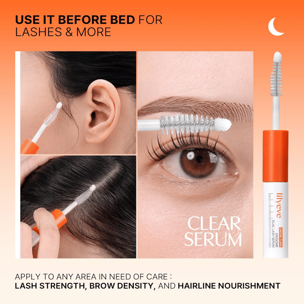 LILYEVE Grow Turn Exosome Dual Lash Serum – διάφανος ορός για βραδινή φροντίδα των βλεφαρίδων, των φρυδιών και της γραμμής των μαλλιών.