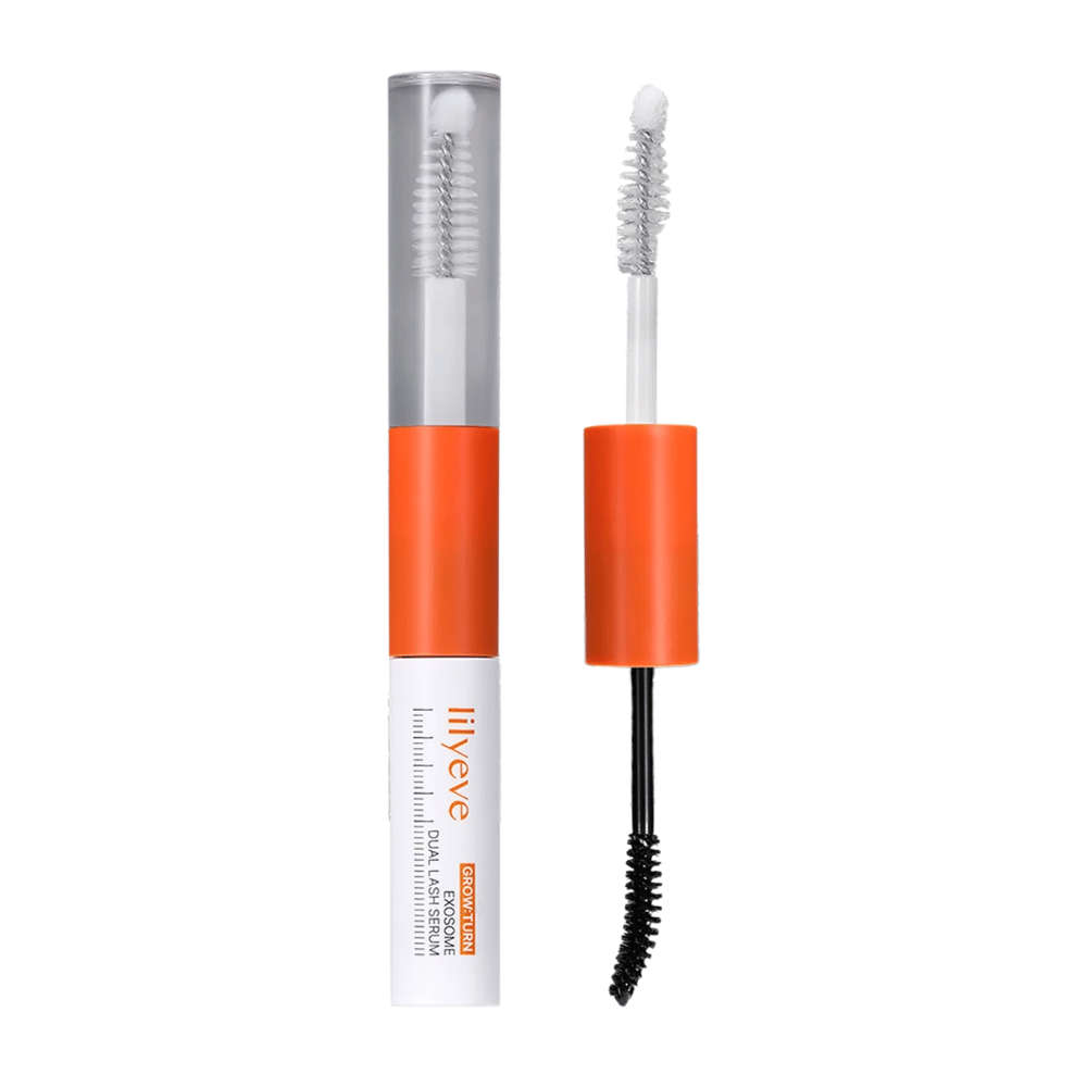 LILYEVE Grow Turn Exosome Dual Lash Serum – ορός βλεφαρίδων διπλής όψης με διάφανο και μαύρο ορό καθώς και δύο εφαρμοστές.