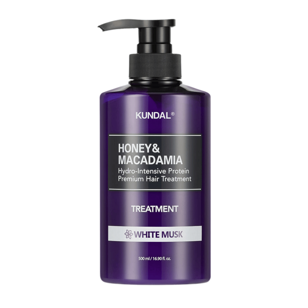 KUNDAL Μέλι & Μακαντάμια Υδρο-Εντατική Πρωτεΐνη Premium Μαλλιών Treatment Λευκός Μόσχος σε μοβ αντλία, 500 ml.