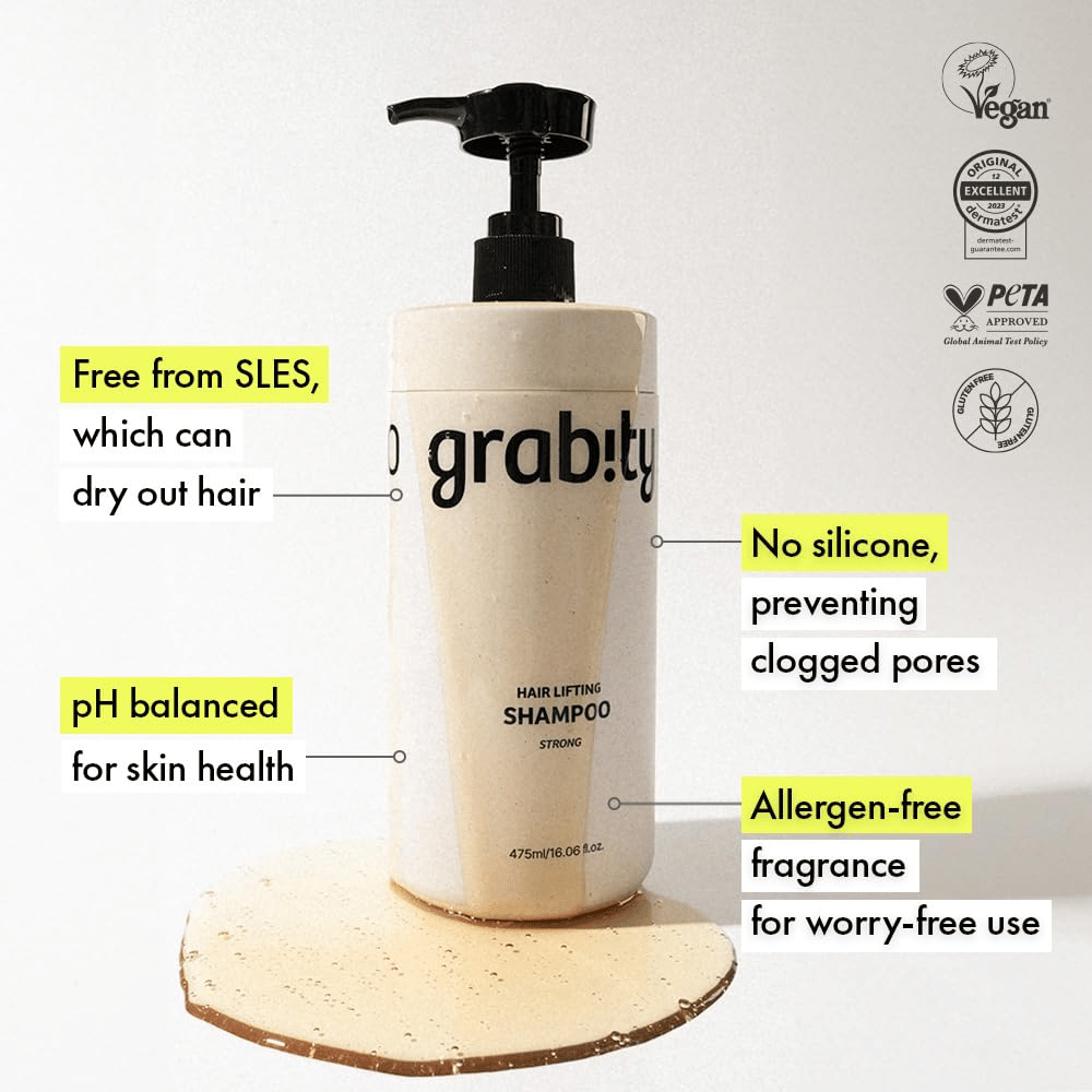 Grabity g0.0 Hair Lifting Shampoo Strong με πληροφορίες για σύνθεση χωρίς SLES, σύνθεση χωρίς σιλικόνη, άρωμα χωρίς αλλεργιογόνα και πιστοποιήσεις για vegan και απαλή περιποίηση μαλλιών.