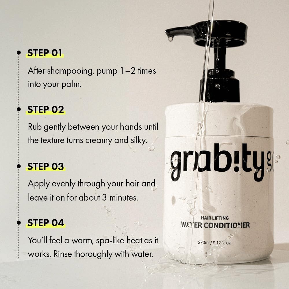 Εικόνα οδηγιών για το Grabity Hair Lifting Water Conditioner που δείχνει πώς χρησιμοποιείται το προϊόν μετά το λούσιμο για να προσφέρει φροντίδα, λάμψη και μια πιο πλούσια όψη στα μαλλιά.