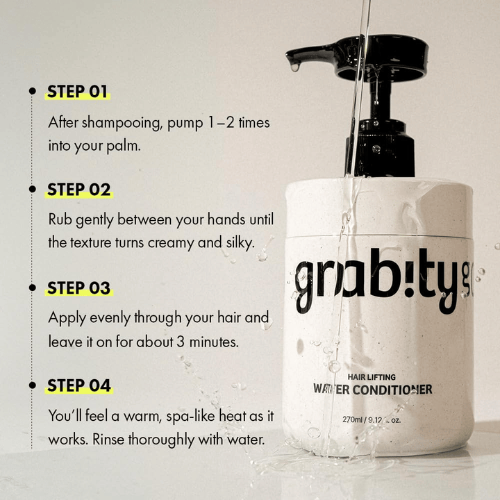Εικόνα οδηγιών για το Grabity Hair Lifting Water Conditioner που δείχνει πώς χρησιμοποιείται το προϊόν μετά το λούσιμο για να προσφέρει φροντίδα, λάμψη και μια πιο πλούσια όψη στα μαλλιά.