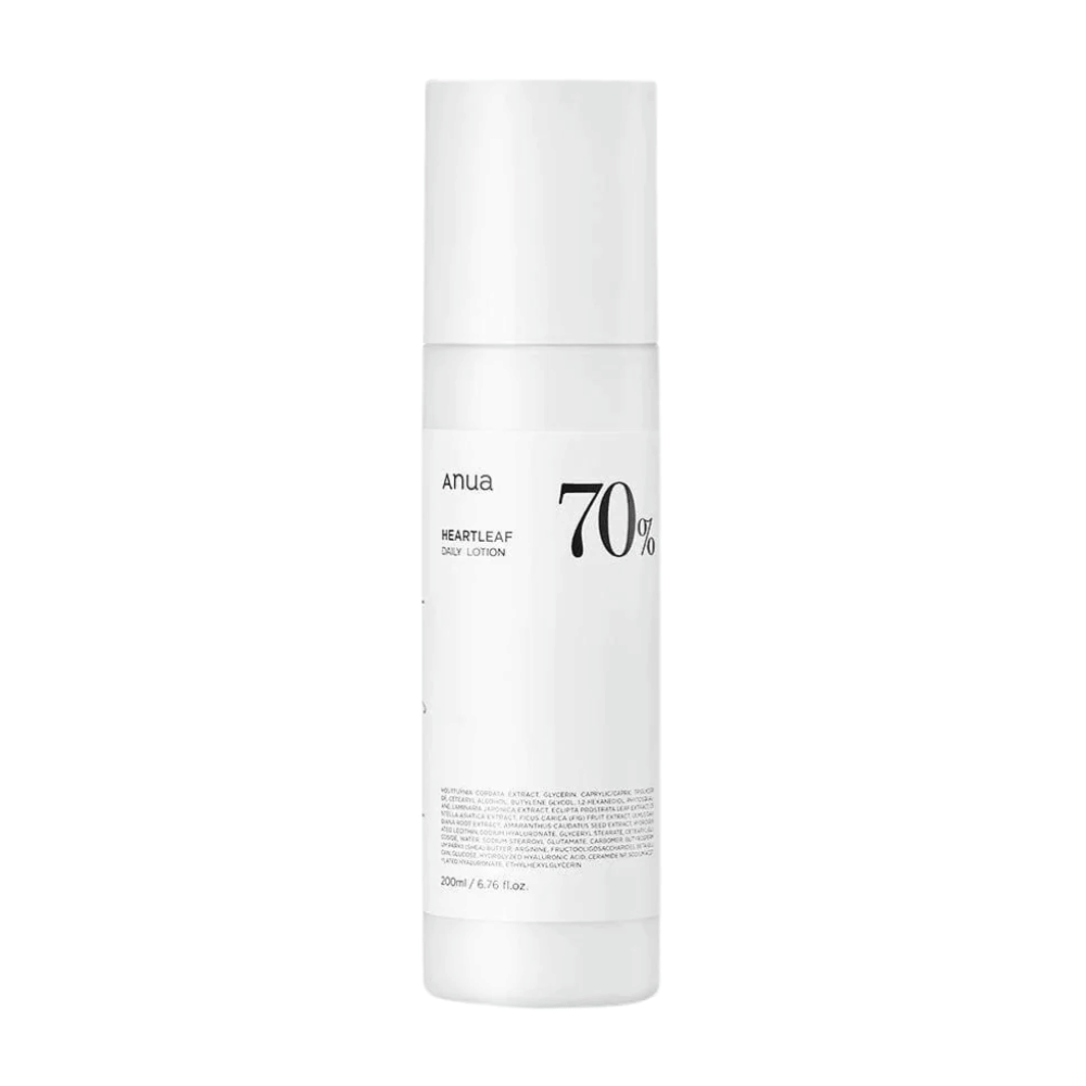 Ένα λευκό μπουκάλι με ένα λευκό καπάκι με Heartleaf 70% Daily Lotion σε λευκό φόντο, από Anua.