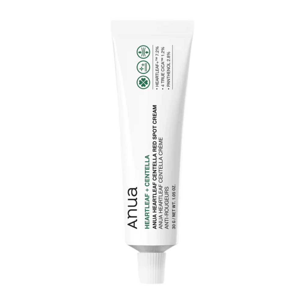 Anua Heartleaf Centella Red Spot Cream σε λευκό σωλήνα, μια κρέμα σημειακής θεραπείας με centella για να ηρεμήσει το δέρμα και να ενισχύσει το φραγμό υγρασίας.