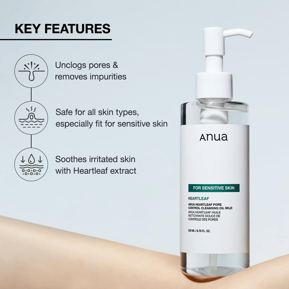 Anua Heartleaf Pore Control Cleansing Oil Mild είναι ένα απαλό λάδι καθαρισμού για όλους τους τύπους δέρματος, ιδιαίτερα κατάλληλο για ευαίσθητο δέρμα. Βοηθάει να: Αφαιρέσει τις ακαθαρσίες και να καθαρίσει τους πόρους. Καταπραΰνει το ερεθισμένο δέρμα με τη βοήθεια εκχυλίσματος heartleaf. Είναι ασφαλές για όλους τους τύπους δέρματος και ειδικά προσαρμοσμένο για να είναι απαλό και αποτελεσματικό.
