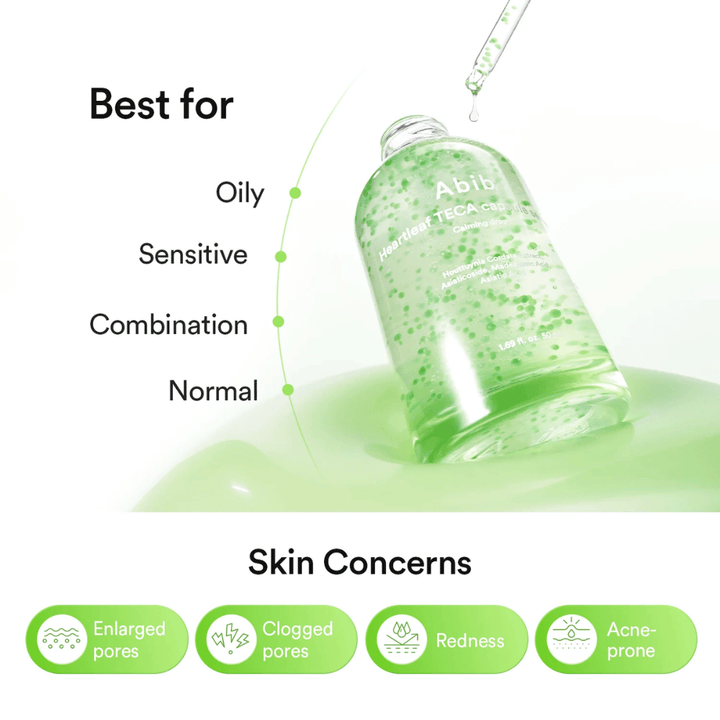 Ενημερωτική εικόνα που δείχνει ότι το Abib Heartleaf TECA Capsule Serum είναι κατάλληλο για λιπαρό, ευαίσθητο, μικτό και κανονικό δέρμα και στοχεύει στους πόρους, την ερυθρότητα και το δέρμα με τάση ακμής.