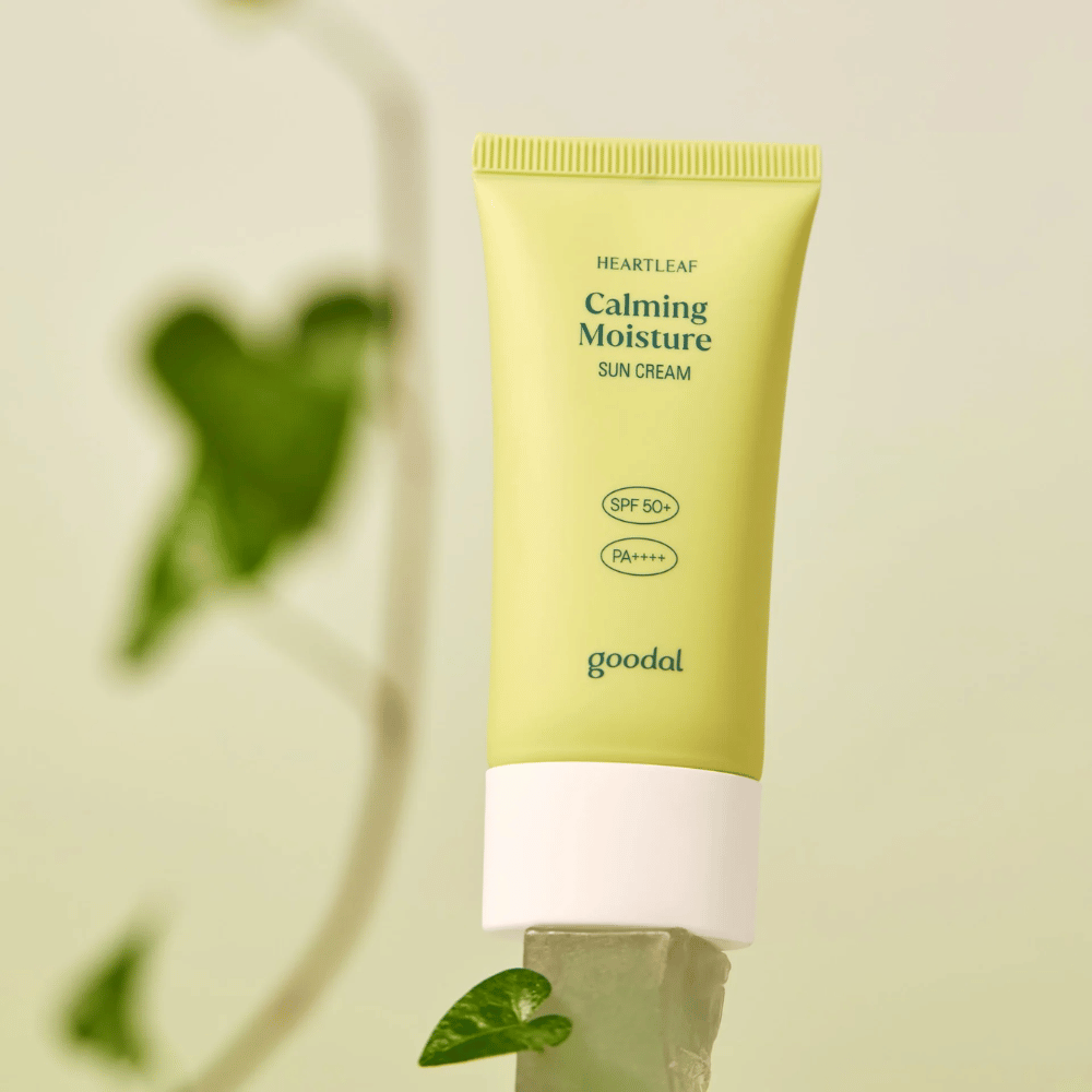 Goodal Heartleaf Calming Moisture Sun Cream SPF50+ PA++++ τοποθετημένο σε γυάλινη επιφάνεια με πράσινο φυτό στο φόντο – ένα καταπραϋντικό αντηλιακό για ευαίσθητο δέρμα.